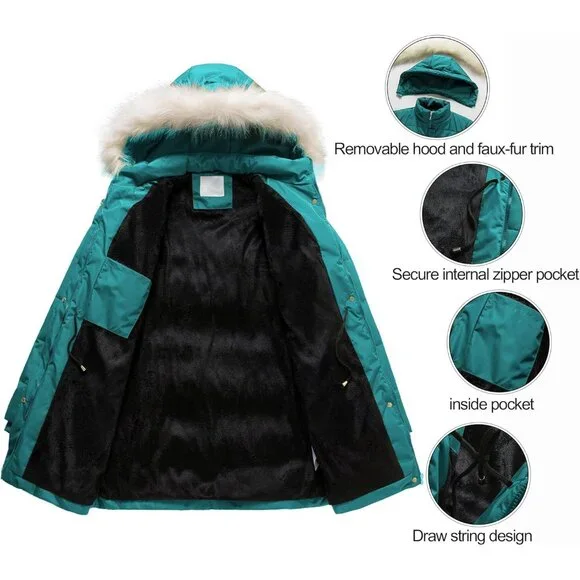 Women's Acid Blue Snow Puffer Jacket Coats Waterproof Removable Faux Fur Hood - Picture 3 of 7
